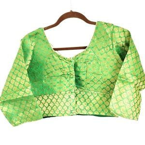 Indian Women's Green Blouse Crop top with Gold Accents